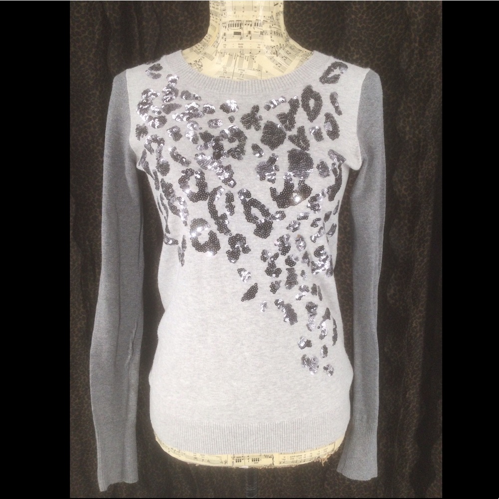 Express Small Gray Sequins Leopard Print Sweater Blouse